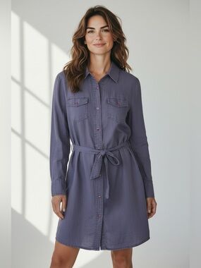Hugo Boss Vintage Linen Purple Button Up Shirt Mini Dress Size 4